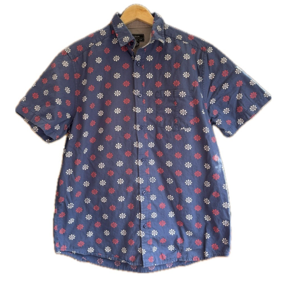 Eidon Men’s Blue White Red Micro Floral Print Short Sleeve Button Up Shirt Med
